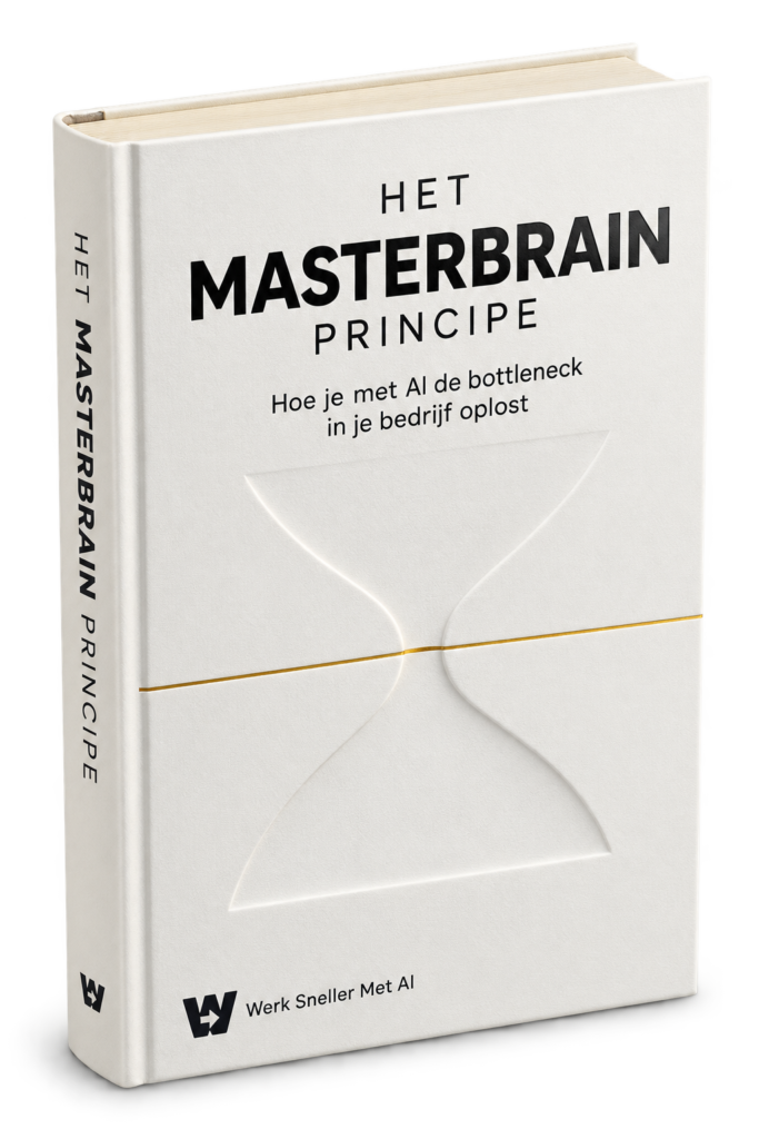 Het boek Het MasterBrain Principe van Eric Sijbesma, witte omslag met een zandloper in reliëf en een gouden lijn