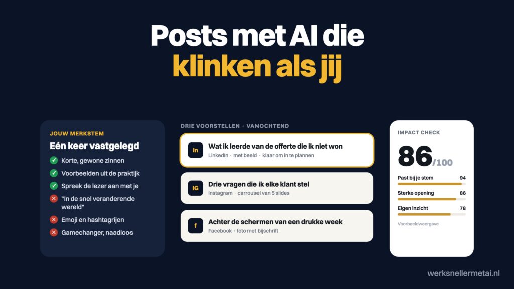 Een vastgelegde merkstem, drie voorstellen voor posts en een impactscore van 86